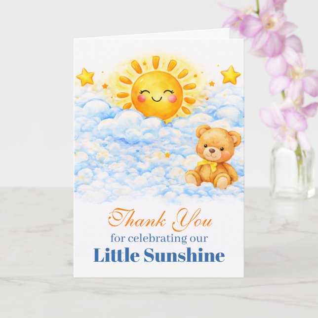 Blue Clouds Bear Baby Shower Thank You Card (Orchid)