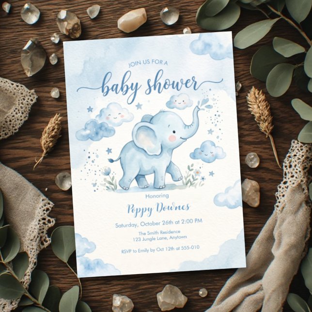 Blue Clouds Elephant Sprinkle Baby Shower  Invitation (Creator Uploaded)