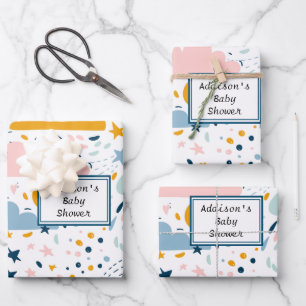 Blue Clouds Stars Raindrops Baby Shower Wrapping Paper Sheet