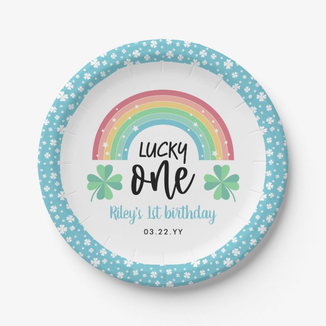 Blue Clover & Rainbow Lucky One First Birthday Paper Plate (Front)
