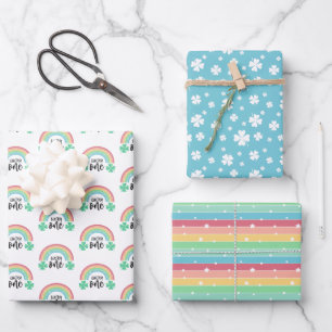 Blue Clover & Rainbow Lucky One First Birthday Wrapping Paper Sheet