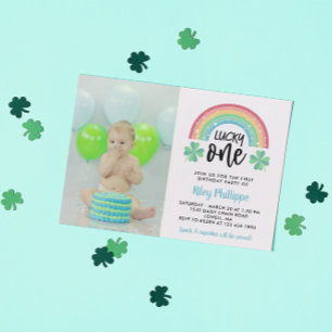 Blue Clover Rainbow Lucky One Photo 1st Birthday Invitation