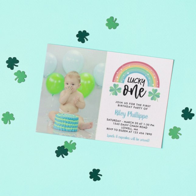 Blue Clover Rainbow Lucky One Photo 1st Birthday Invitation (Creator Uploaded)