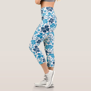 Blue Clover Shamrock Pattern St. Patrick`s Day Capri Leggings