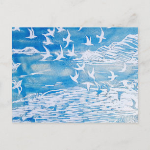 Blue Coast Birds Modern Watercolor Art Postcard