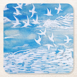 Blue Coast Birds Modern Watercolor Art Square Paper Coaster