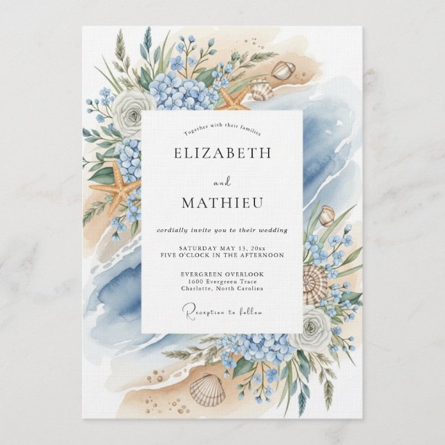 Blue Coastal Bloom Beach Wedding Invitation (Front)