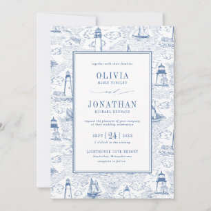 Blue Coastal Chic Lighthouse Toile Wedding Invitation