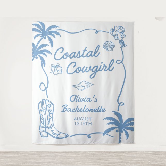 Blue Coastal Cowgirl Bachelorette Party Tapestry (Front)