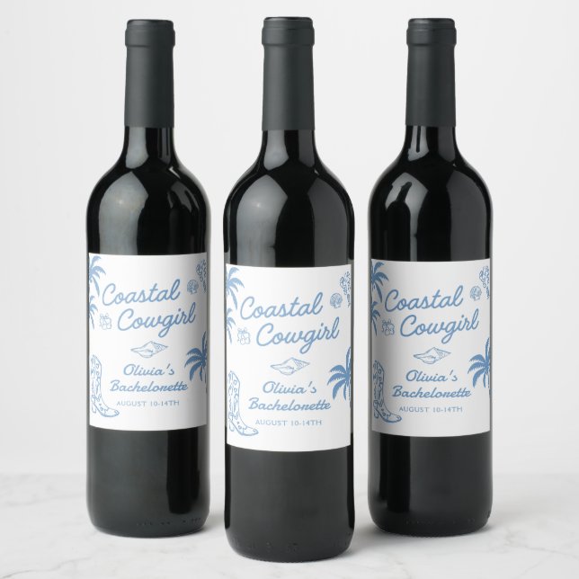 Blue Coastal Cowgirl Bachelorette Party Wine Label (Bottles)