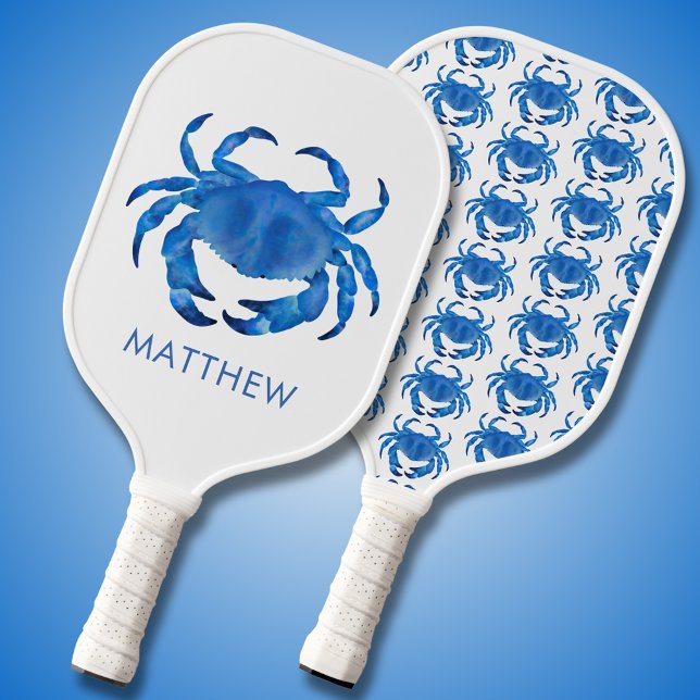 Blue Coastal Crab Pickleball Paddle (Perfect for your beach house or holiday home, personalized watercolor blue crab pickleball paddles.)