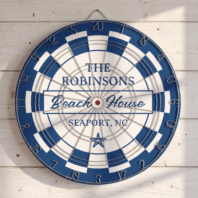 Blue Coastal Family Beach House Dartboard (Personalize dartboard with your family name and your house place before checkout.)