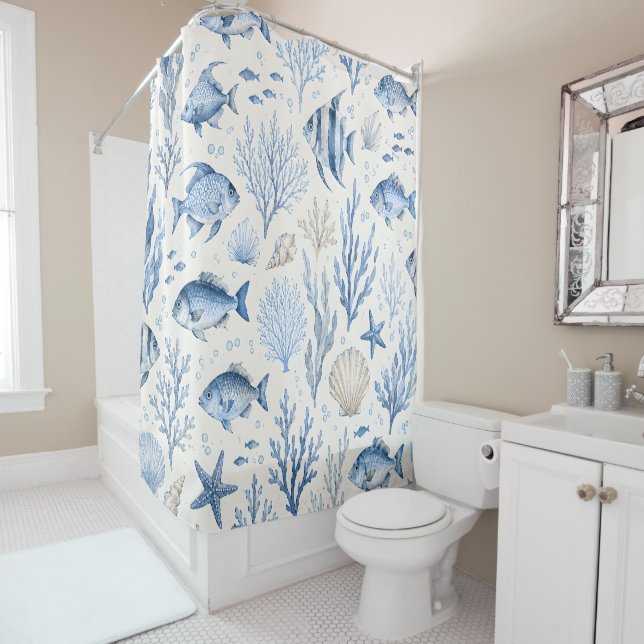Blue Coastal Fish Shower Curtain (In Situ)