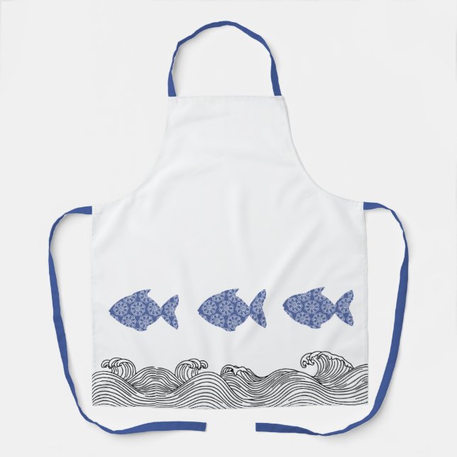 Blue Coastal Fish & Waves Apron (Front)