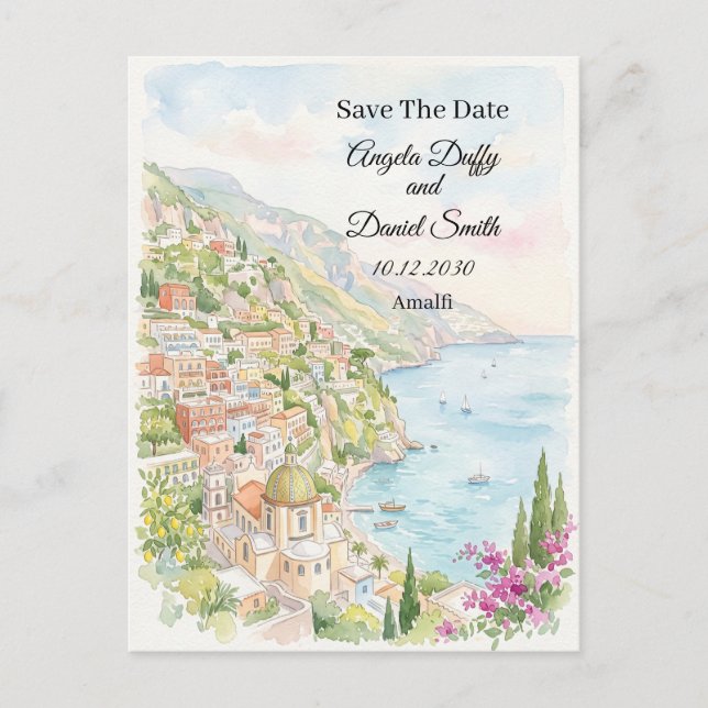 Blue Coastal Floral Save The Date Postcard (Front)