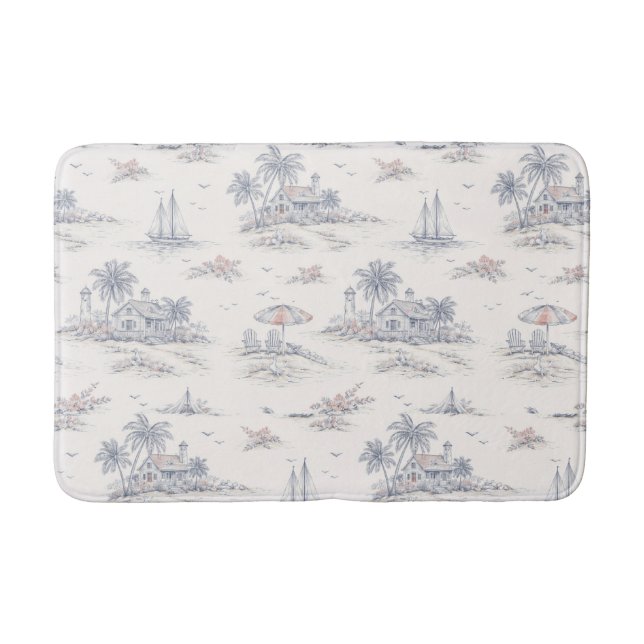 Blue Coastal French Toile Bath Mat (Front)