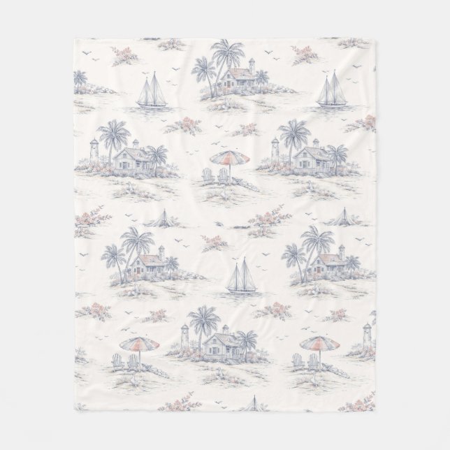 Blue Coastal French Toile Fleece Blanket (Front)
