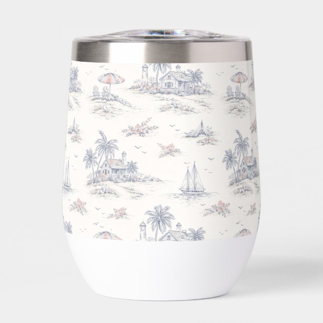 Blue Coastal French Toile Water Bottle (Front)