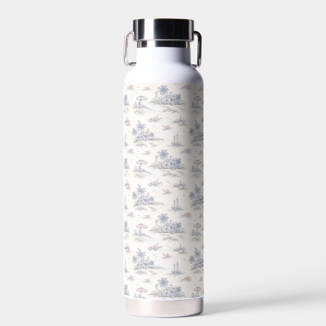 Blue Coastal French Toile Water Bottle (Front)