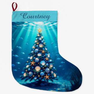 Blue Coastal Holiday Tree Christmas Stocking