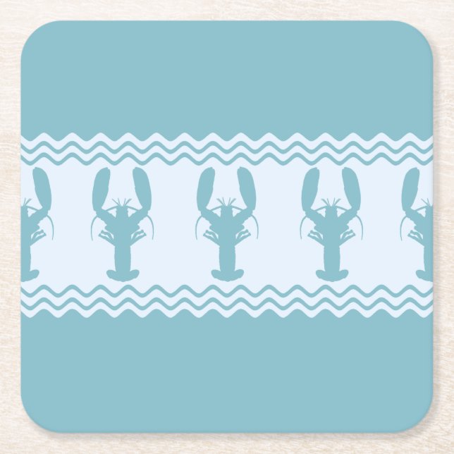 Blue Coastal Lobster Stripes Square Paper Coaster (Front)