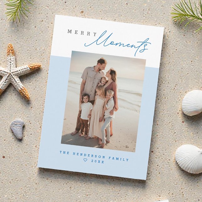 Blue Coastal Merry Moments Family Photo Christmas Holiday Card (Merry Moments blue beach family vacation Holiday Christmas cards.)