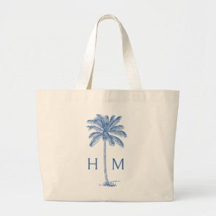 Blue Coastal Palmetto Palm Monogram Large Tote Bag