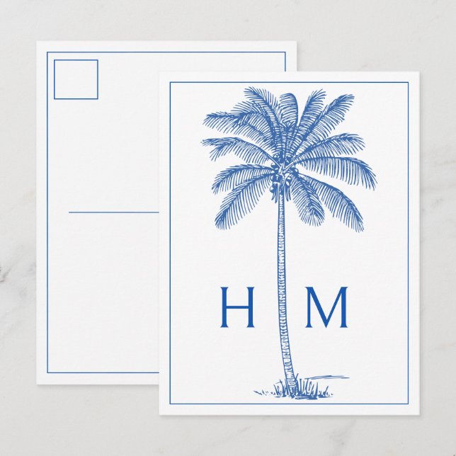 Blue Coastal Palmetto Palm Monogram Postcard (Front/Back)