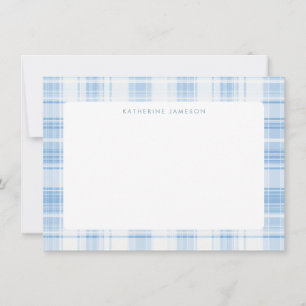 Blue Coastal Plaid Pattern Monogram Card