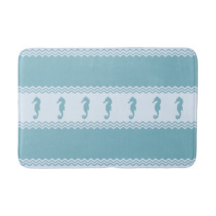 Blue Coastal Seahorses Stripes Bath Mat