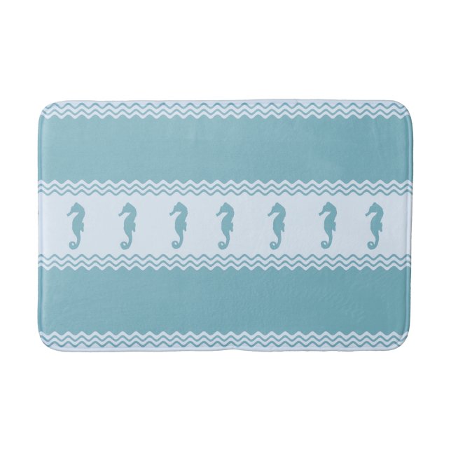 Blue Coastal Seahorses Stripes Bath Mat (Front)