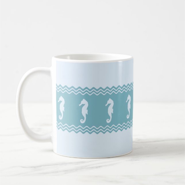 Blue Coastal Seahorses Stripes Coffee Mug (Left)