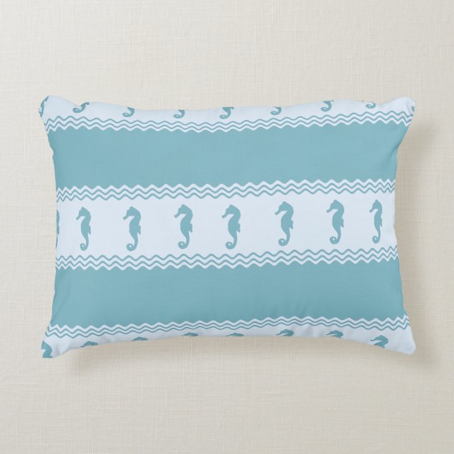 Blue Coastal Seahorses Stripes Decorative Cushion (Front)