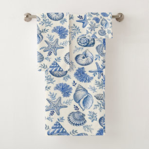 Blue Coastal Seashell Nautical Ocean Coastal Beach Bath Towel Set