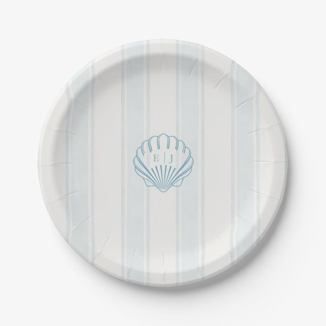 Blue Coastal Seashell Wedding  Paper Plate (Front)