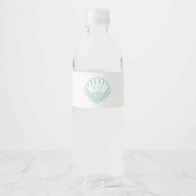 Blue Coastal Seashell Wedding  Water Bottle Label (Front)
