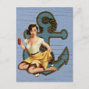 blue coastal ship and anchor pool party girl postcard