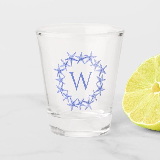 Blue Coastal Starfish Wreath Monogram Shot Glass (Front)