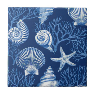 Blue Coastal Toile Seashell Coral Pattern (2) Tile