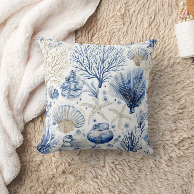 Blue Coastal Toile Seashell Coral Pattern (3) Cushion (Blanket)