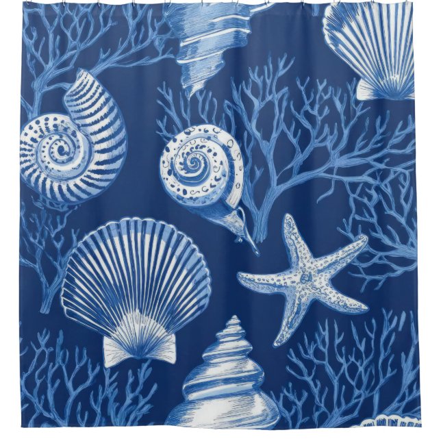 Blue Coastal Toile Seashell Coral Pattern (3) Shower Curtain (Front)