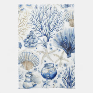 Blue Coastal Toile Seashell Coral Pattern (3) Tea Towel