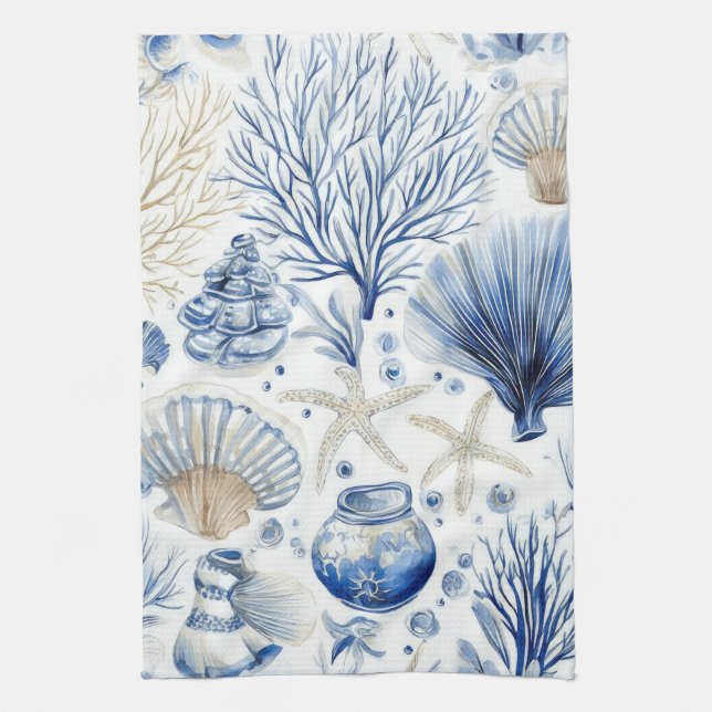 Blue Coastal Toile Seashell Coral Pattern (3) Tea Towel (Vertical)