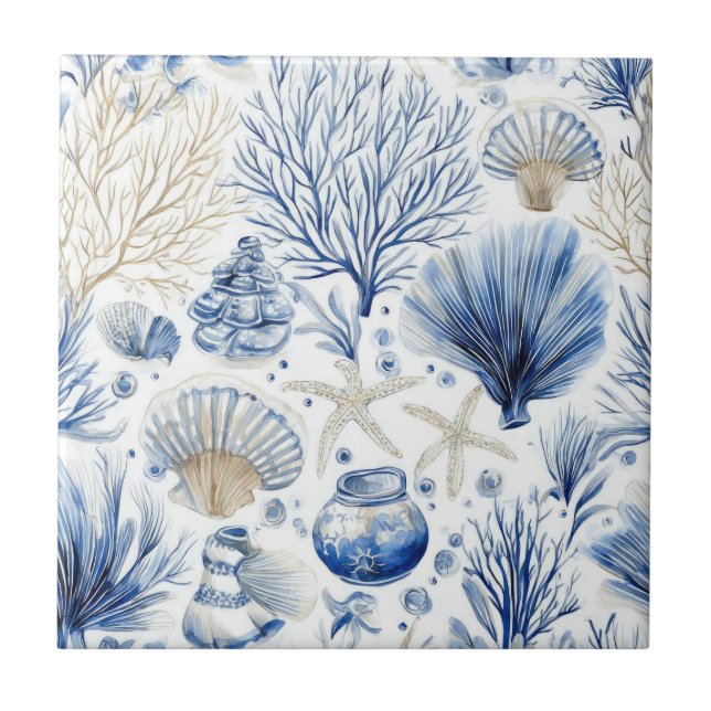 Blue Coastal Toile Seashell Coral Pattern (3) Tile (Front)
