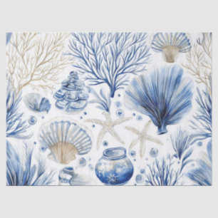 Blue Coastal Toile Seashell Coral Pattern (3) Tissue Paper