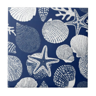Blue Coastal Toile Seashell Coral Pattern (4) Tile