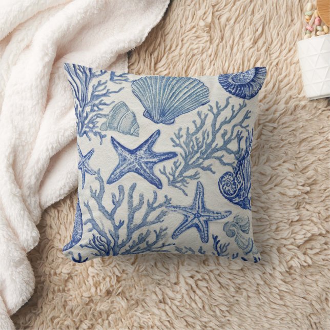 Blue Coastal Toile Seashell Coral Pattern Cushion (Blanket)