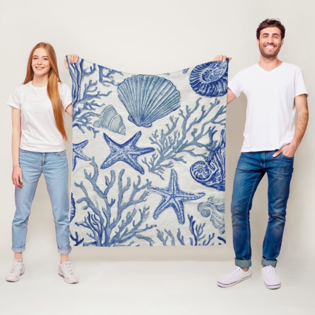 Blue Coastal Toile Seashell Coral Pattern Fleece Blanket (In Situ)