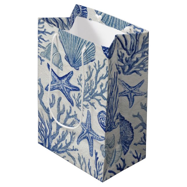 Blue Coastal Toile Seashell Coral Pattern Medium Gift Bag (Front Angled)