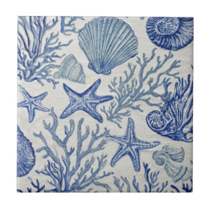 Blue Coastal Toile Seashell Coral Pattern Tile